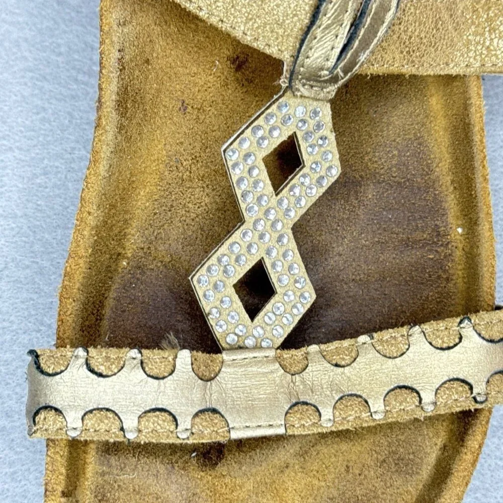 NAOT Aspen Leather Sandals Wedge Cork Gold Metallic Rhinestones EU 38 US 7 - 7.5 - Picture 7 of 16